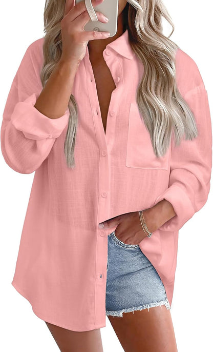 Astylish Women 2026 Loose Fit Tops Linen Cotton Button Down Shirts Blouses