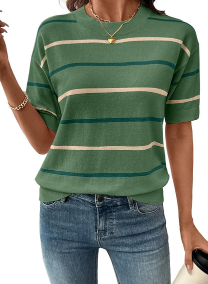 Women's Tops Crewneck Short Sleeve Sweater Pullover Knit Striped Shirt Blouses Fall Outfits for Women 2026