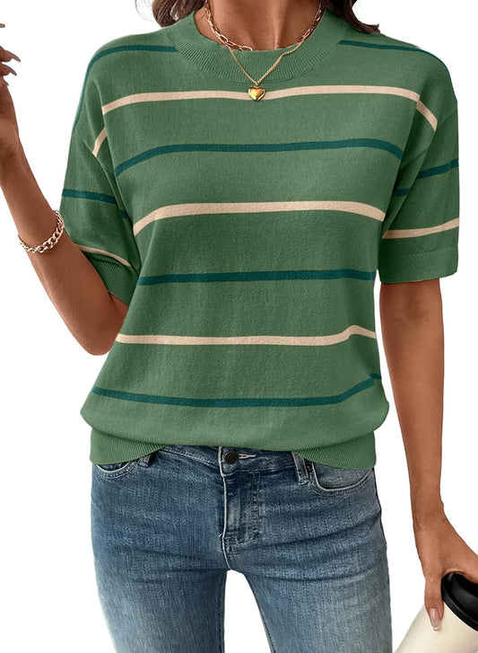 Women's Tops Crewneck Short Sleeve Sweater Pullover Knit Striped Shirt Blouses Fall Outfits for Women 2026