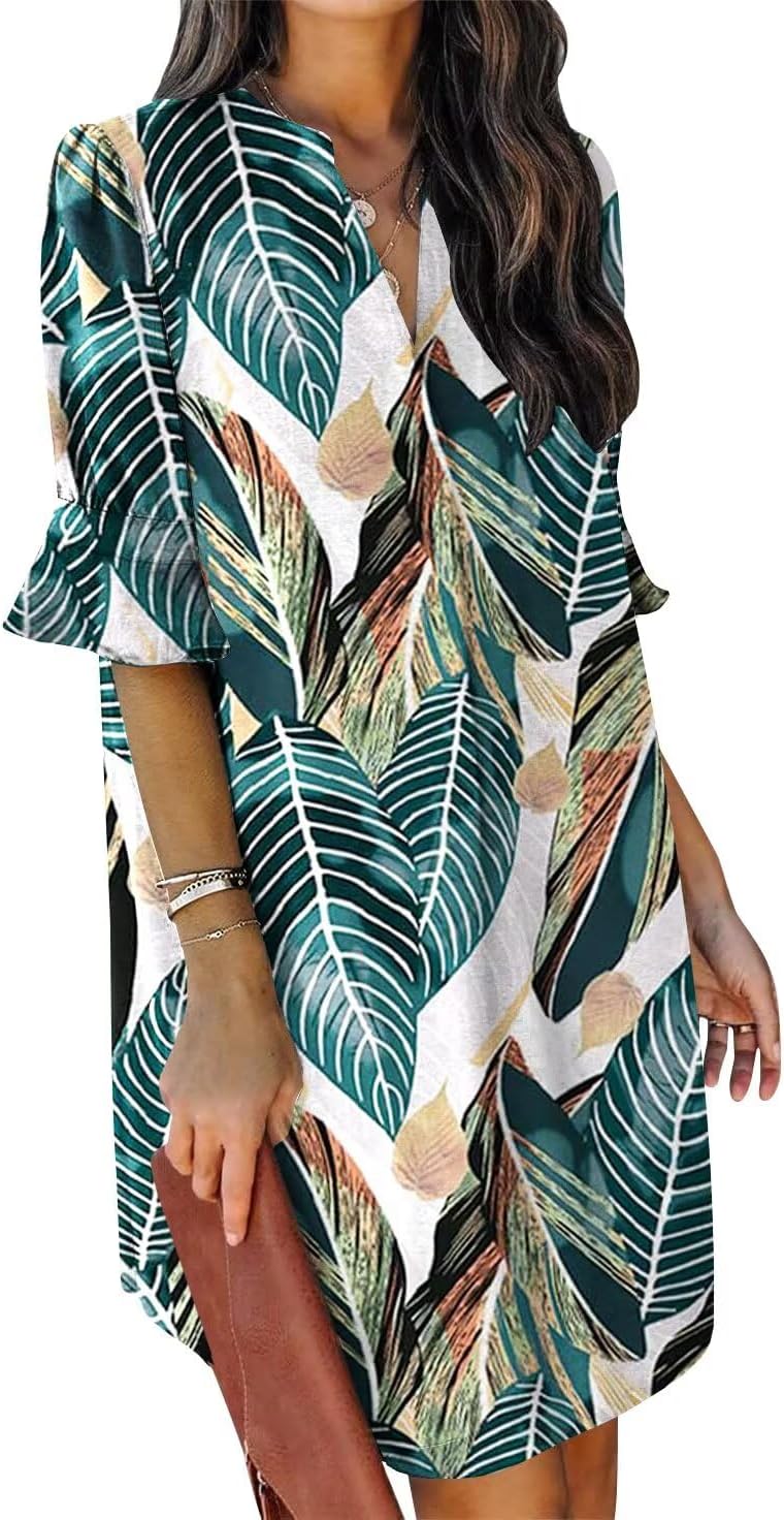 Summer Dresses for Women V Neck Ruffle Short Sleeve Shift Dress