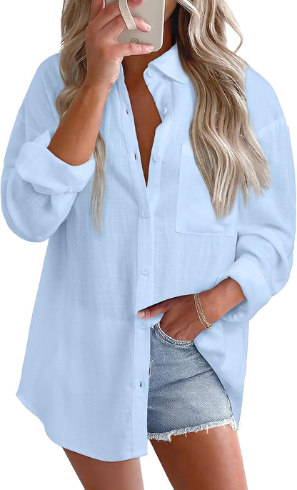 Astylish Women 2026 Loose Fit Tops Linen Cotton Button Down Shirts Blouses