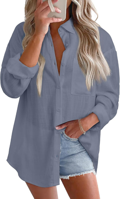 Astylish Women 2026 Loose Fit Tops Linen Cotton Button Down Shirts Blouses