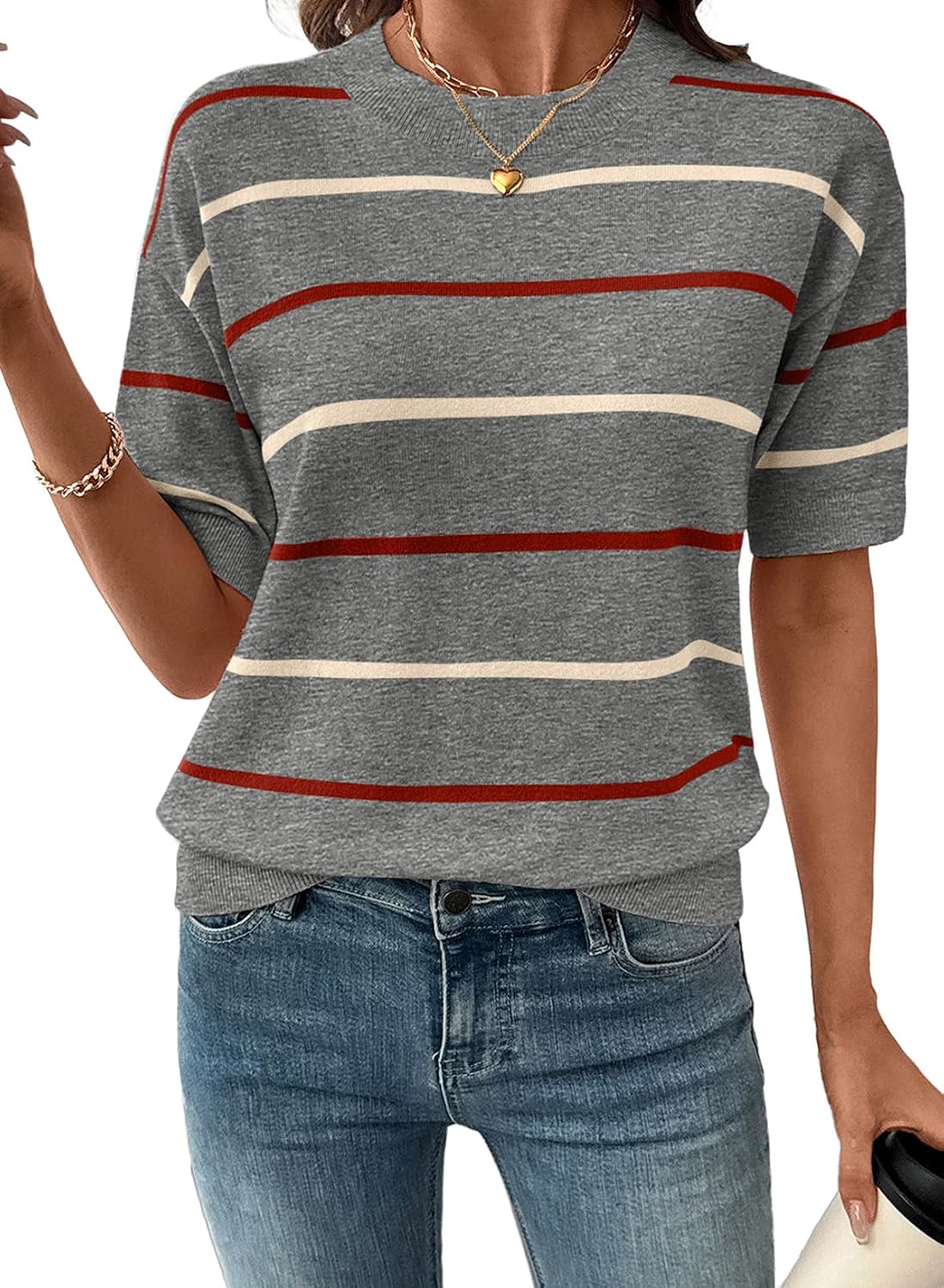 Women's Tops Crewneck Short Sleeve Sweater Pullover Knit Striped Shirt Blouses Fall Outfits for Women 2026