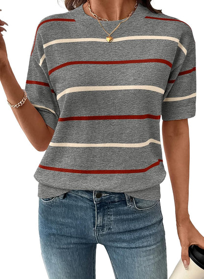 Women's Tops Crewneck Short Sleeve Sweater Pullover Knit Striped Shirt Blouses Fall Outfits for Women 2026
