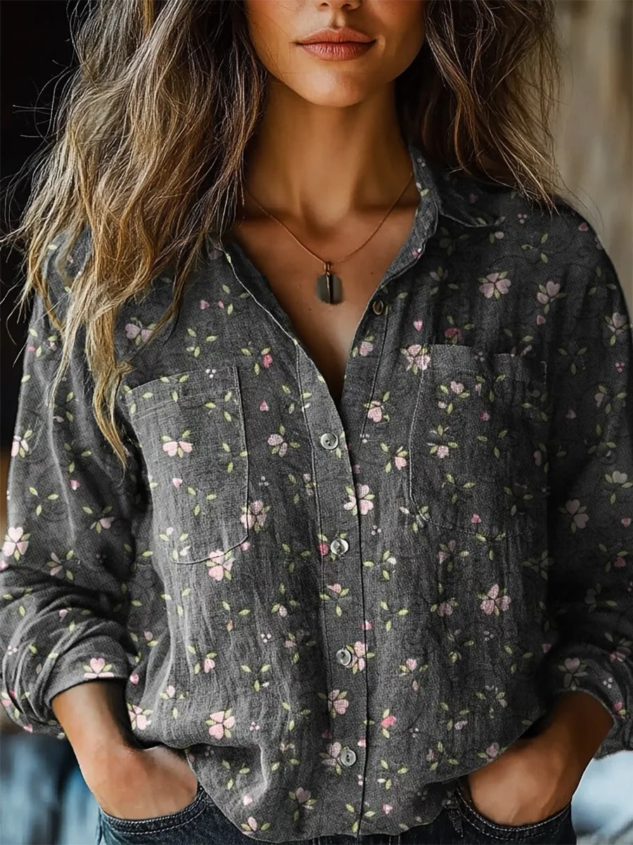Women's Vintage Gradient Flower Pattern Print Long Sleeve Comfortable Cotton Shirt