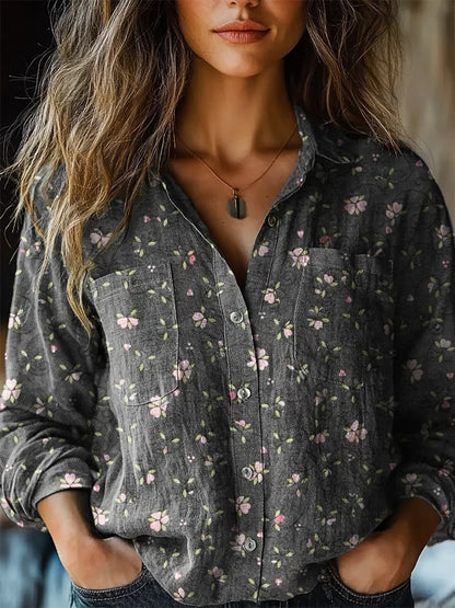 Women's Vintage Gradient Flower Pattern Print Long Sleeve Comfortable Cotton Shirt