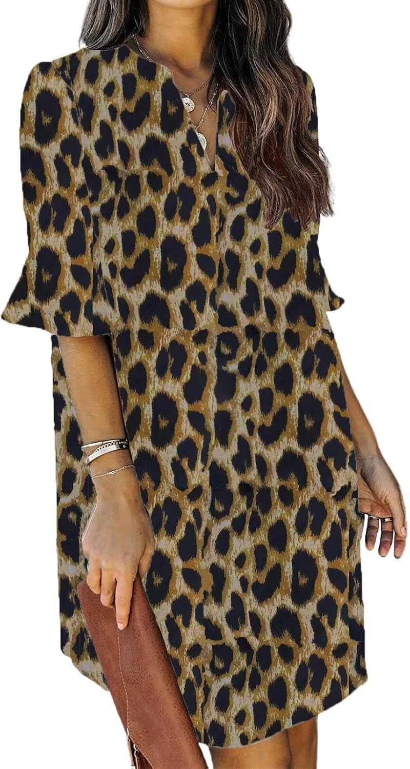 Summer Dresses for Women V Neck Ruffle Short Sleeve Shift Dress