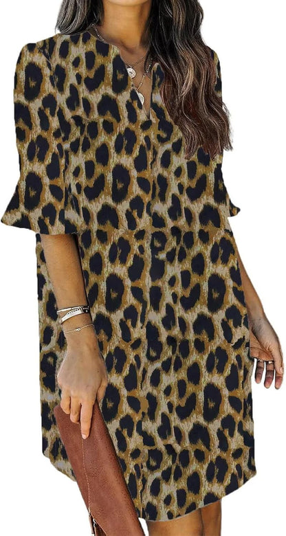 Summer Dresses for Women V Neck Ruffle Short Sleeve Shift Dress