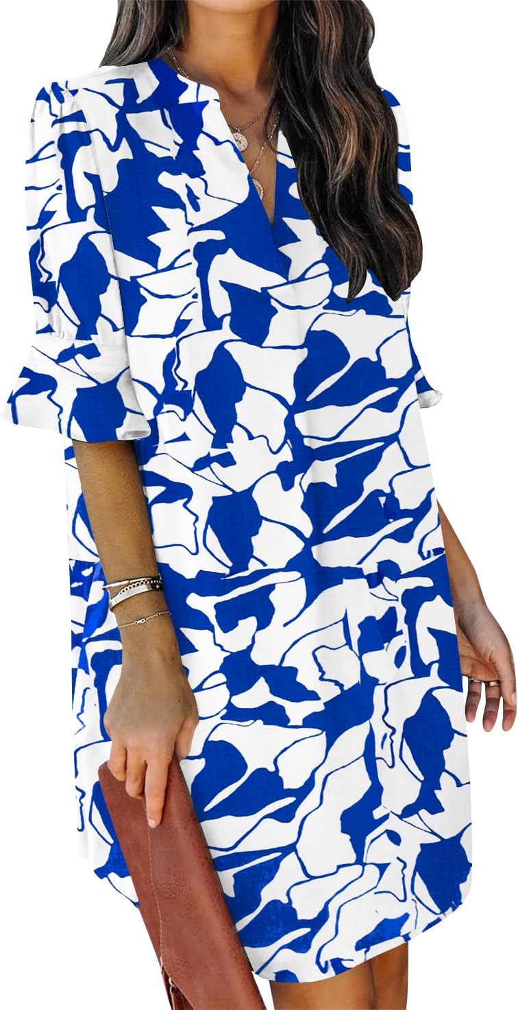 Summer Dresses for Women V Neck Ruffle Short Sleeve Shift Dress