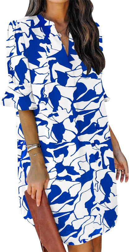 Summer Dresses for Women V Neck Ruffle Short Sleeve Shift Dress