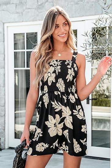 🏝️LAST DAY SALE 50% OFF💃Women's Summer Square Neck Sleeveless Loose Casual Short Smocked Romper