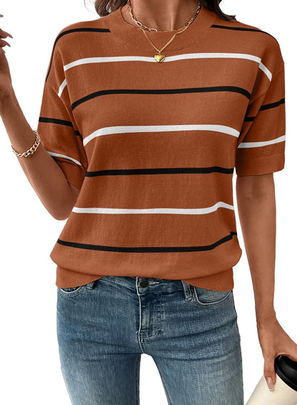 Women's Tops Crewneck Short Sleeve Sweater Pullover Knit Striped Shirt Blouses Fall Outfits for Women 2026