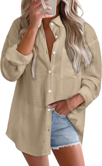 Astylish Women 2026 Loose Fit Tops Linen Cotton Button Down Shirts Blouses