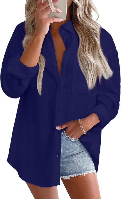 Astylish Women 2026 Loose Fit Tops Linen Cotton Button Down Shirts Blouses