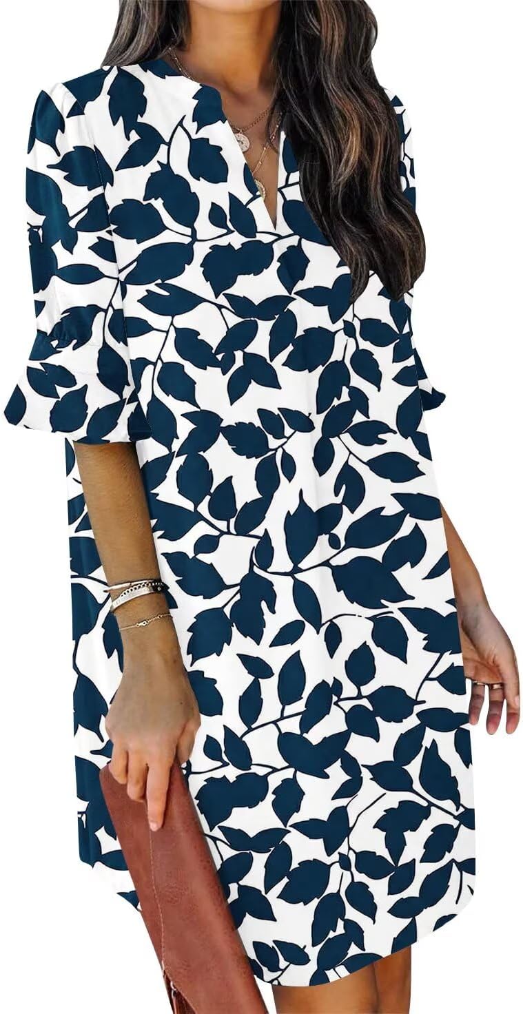 Summer Dresses for Women V Neck Ruffle Short Sleeve Shift Dress