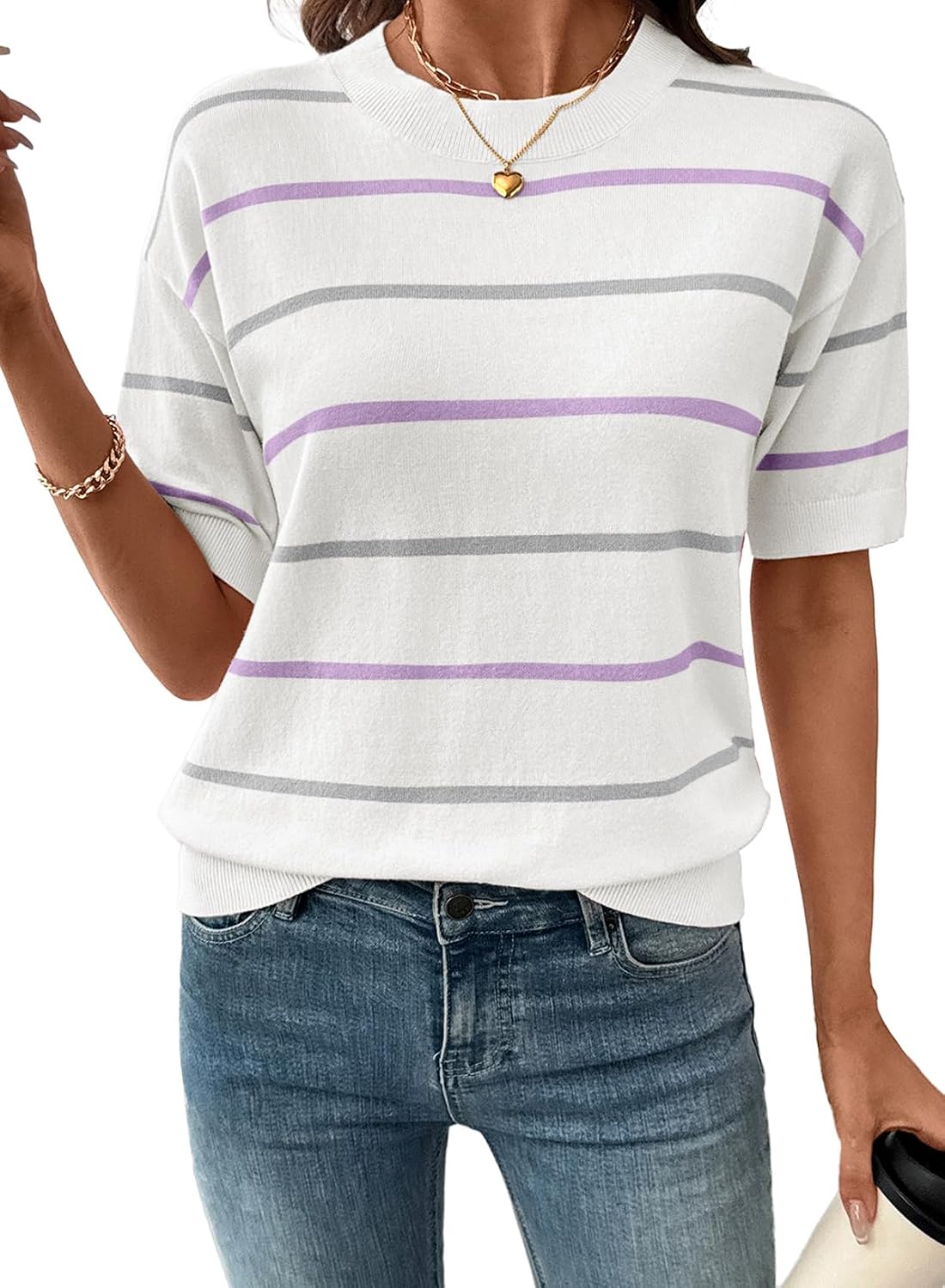 Women's Tops Crewneck Short Sleeve Sweater Pullover Knit Striped Shirt Blouses Fall Outfits for Women 2026