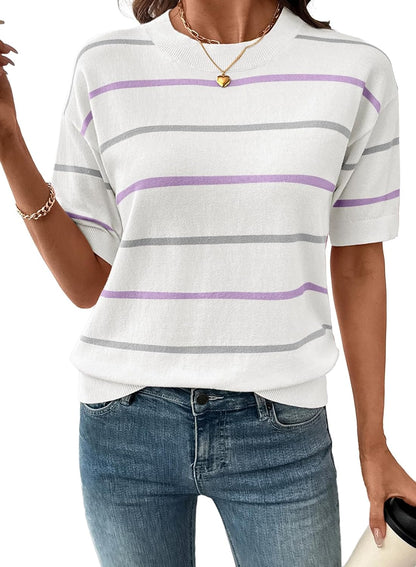 Women's Tops Crewneck Short Sleeve Sweater Pullover Knit Striped Shirt Blouses Fall Outfits for Women 2026