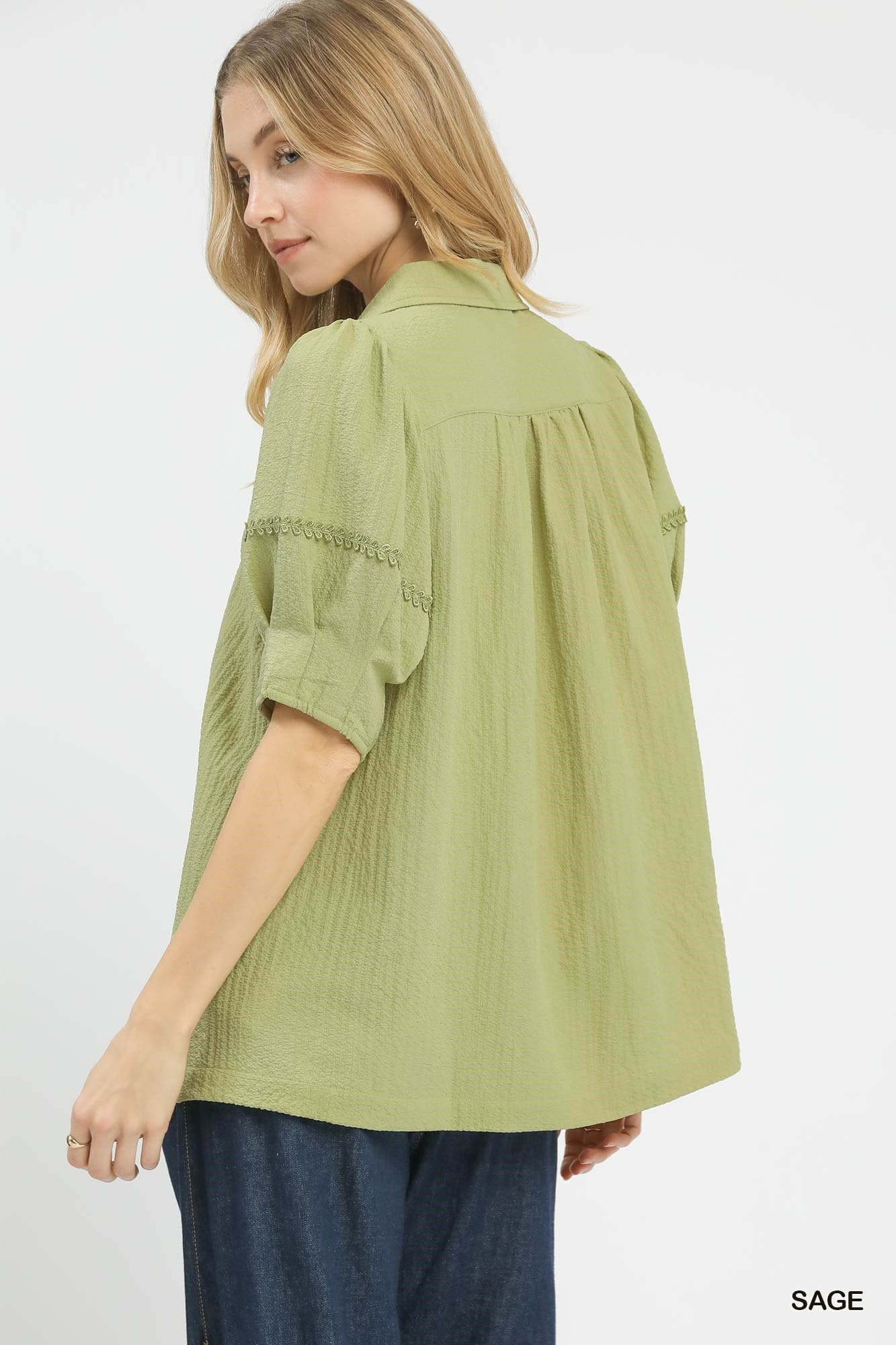 UMGEE Textured Lace Trim Top Sage