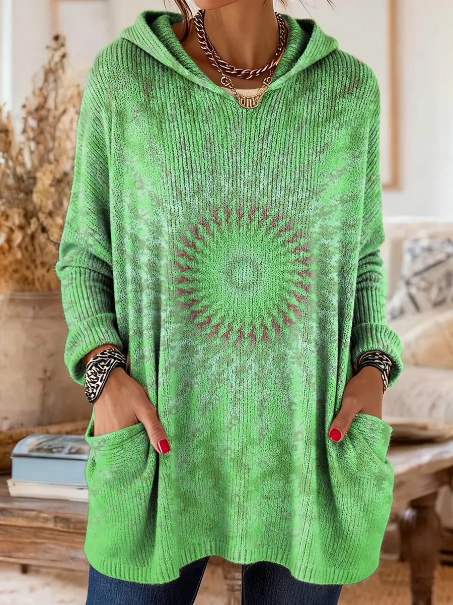 Women's Tie-Dye Mandala Pattern Art Print Casual Knit Hoodie with Pockets
