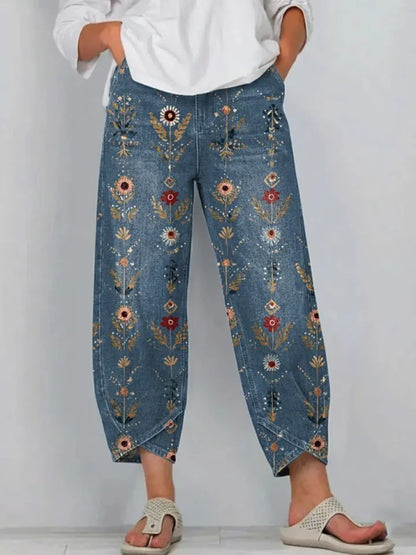 Women's Ethnic Wave Patchwork Art Print Cotton Jeans