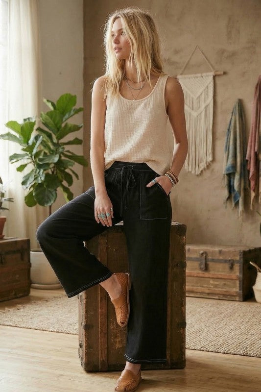 Knit Drawstring Wide Leg Pant Black