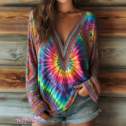 Women's Striped Art Print Casual V-Neck Long Sleeve Top