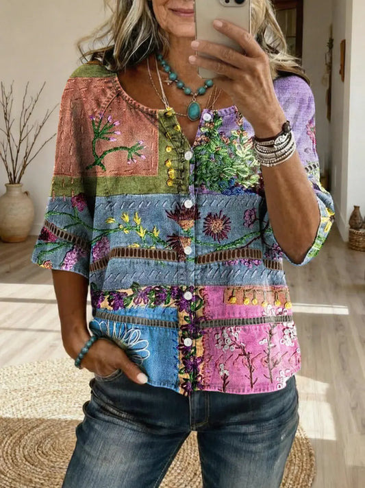 Women's Colorful Retro Textured Floral Art Print Casual Hollow-Out Top