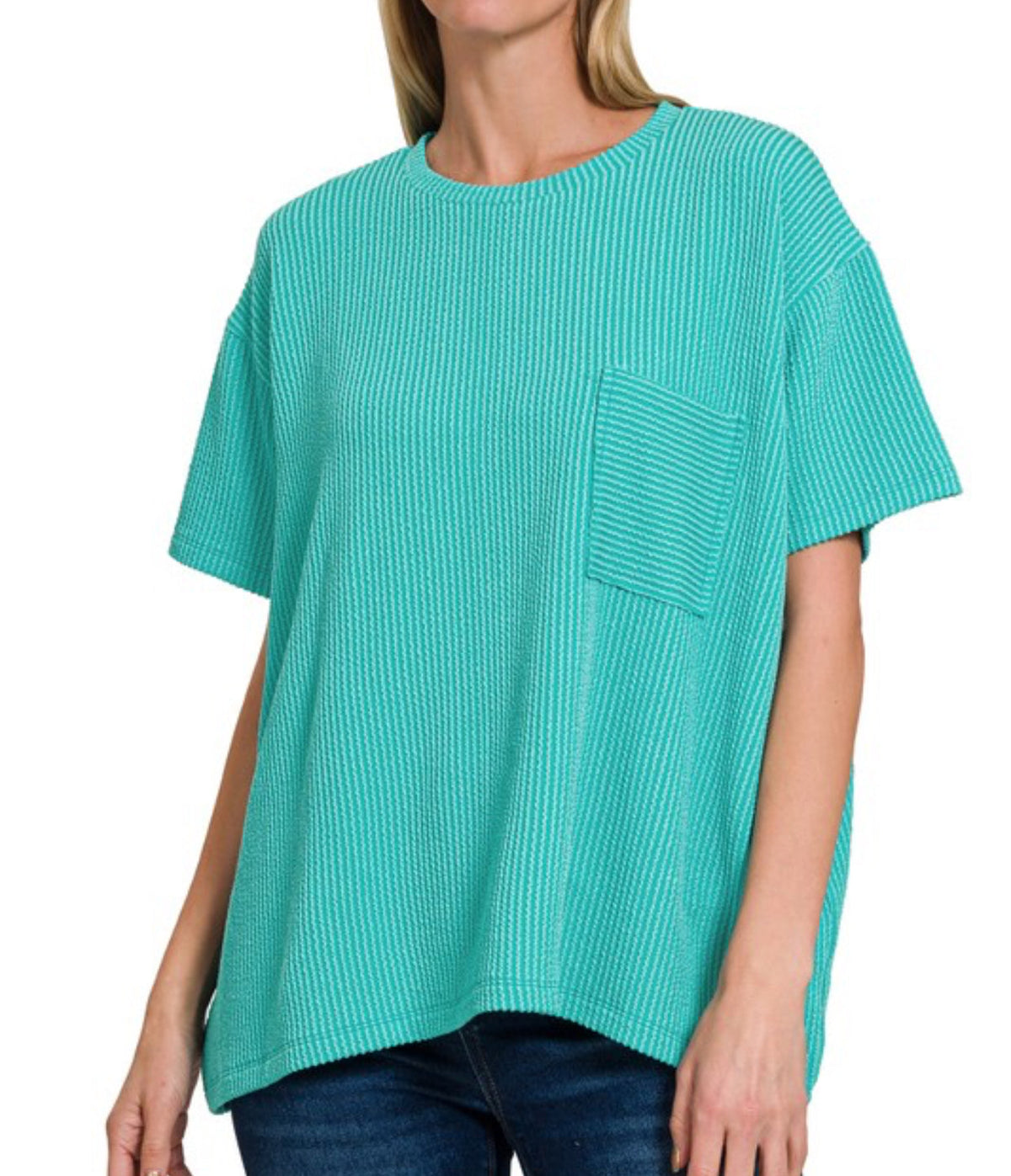 Corded Ribbed Knit Pocket Top Turquoise
