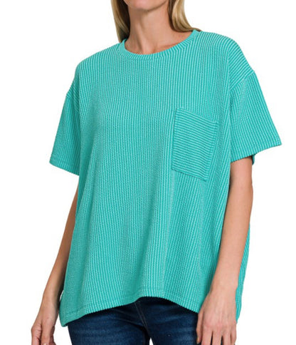 Corded Ribbed Knit Pocket Top Turquoise
