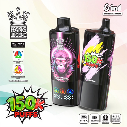 Bang Legend 150000 150K Puffs 6 in 1 Flavors Newest Original Rechargeable LED Display Disposable Vape