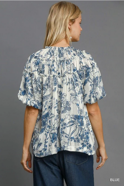 UMGEE Blue Floral Vintage Ruffle Top
