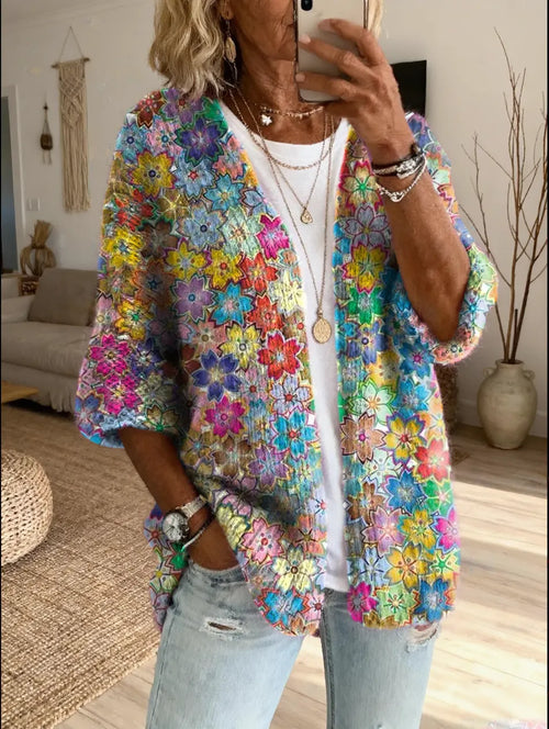 Ethnicity Flowers Colorful Women's Art Print Casual Cardigan Sweater