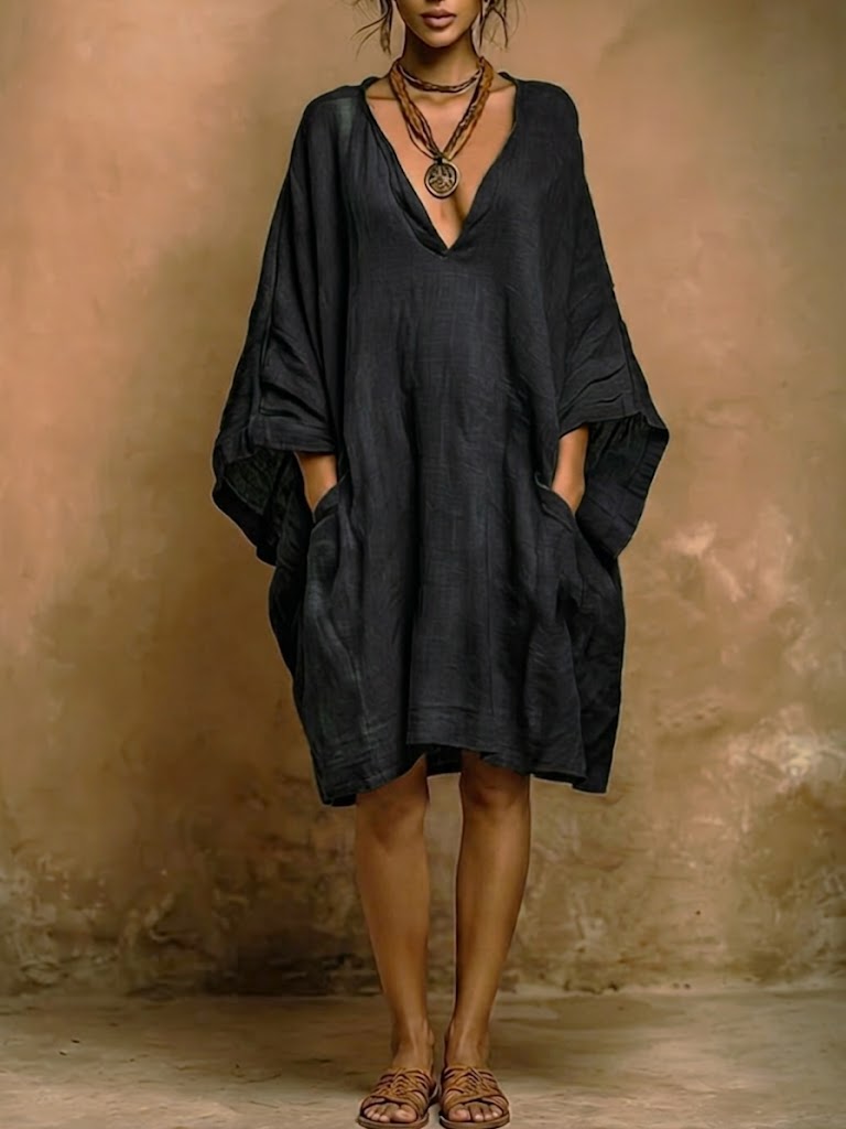 Valenne - Loose Fit V Neck Midi Dress