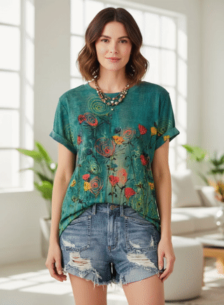 Women's Floral Art Print V-Neck Casual T-Shirt