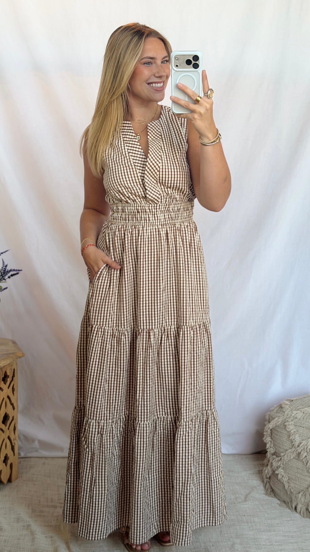 Mocha Gingham Checkered Maxi Dress