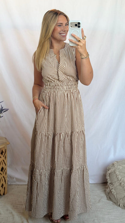 Mocha Gingham Checkered Maxi Dress