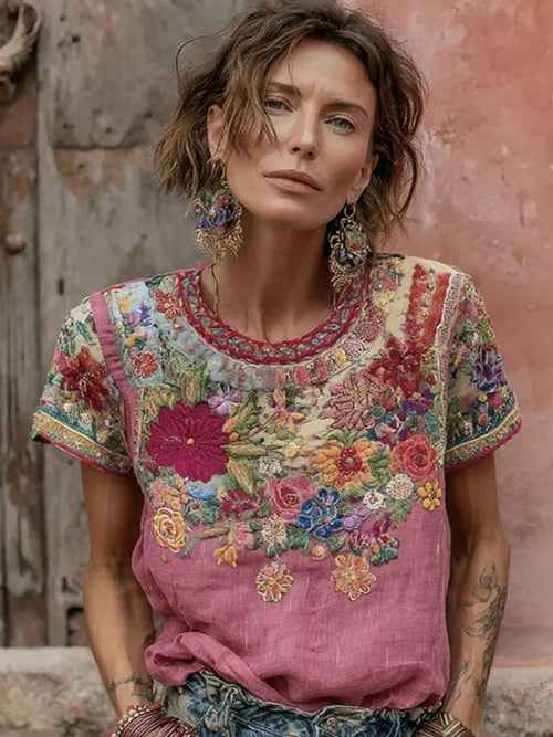 Women's Vintage Floral Art Print Crew Neck Short Sleeve