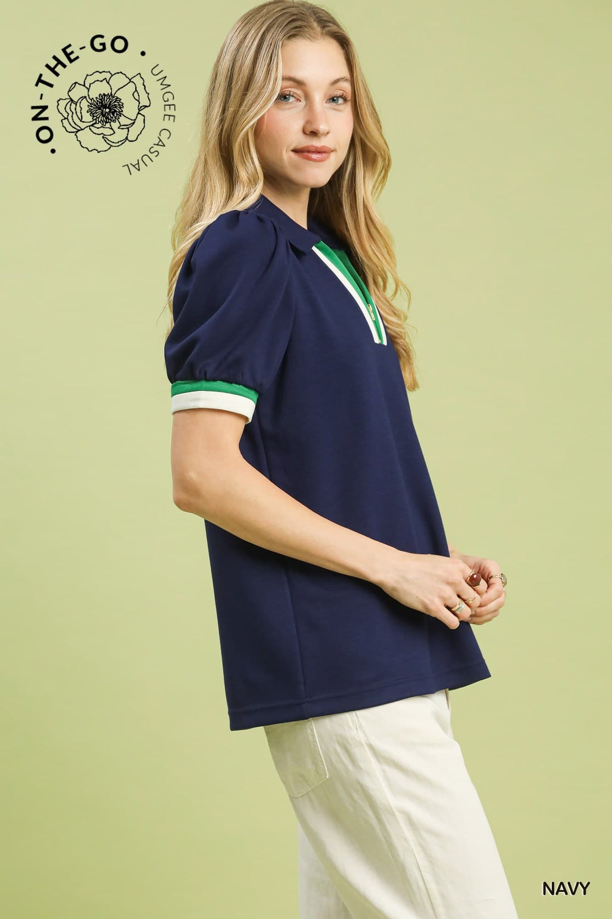 UMGEE Puff Sleeve Zip Front Top Navy