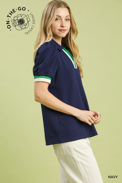 UMGEE Puff Sleeve Zip Front Top Navy