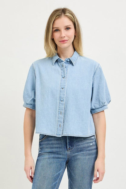 RISEN Denim Puff Sleeve Button Down Shirt