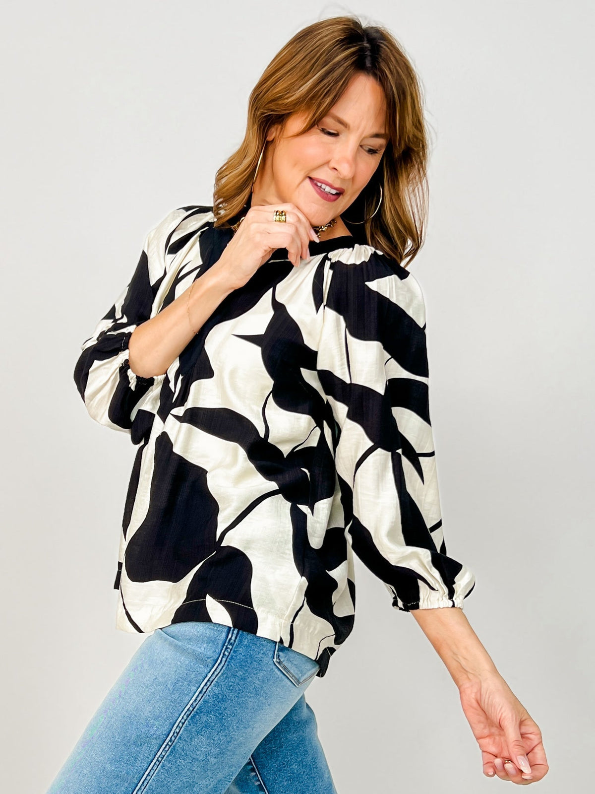 UMGEE Leaf Print Top Black Mix