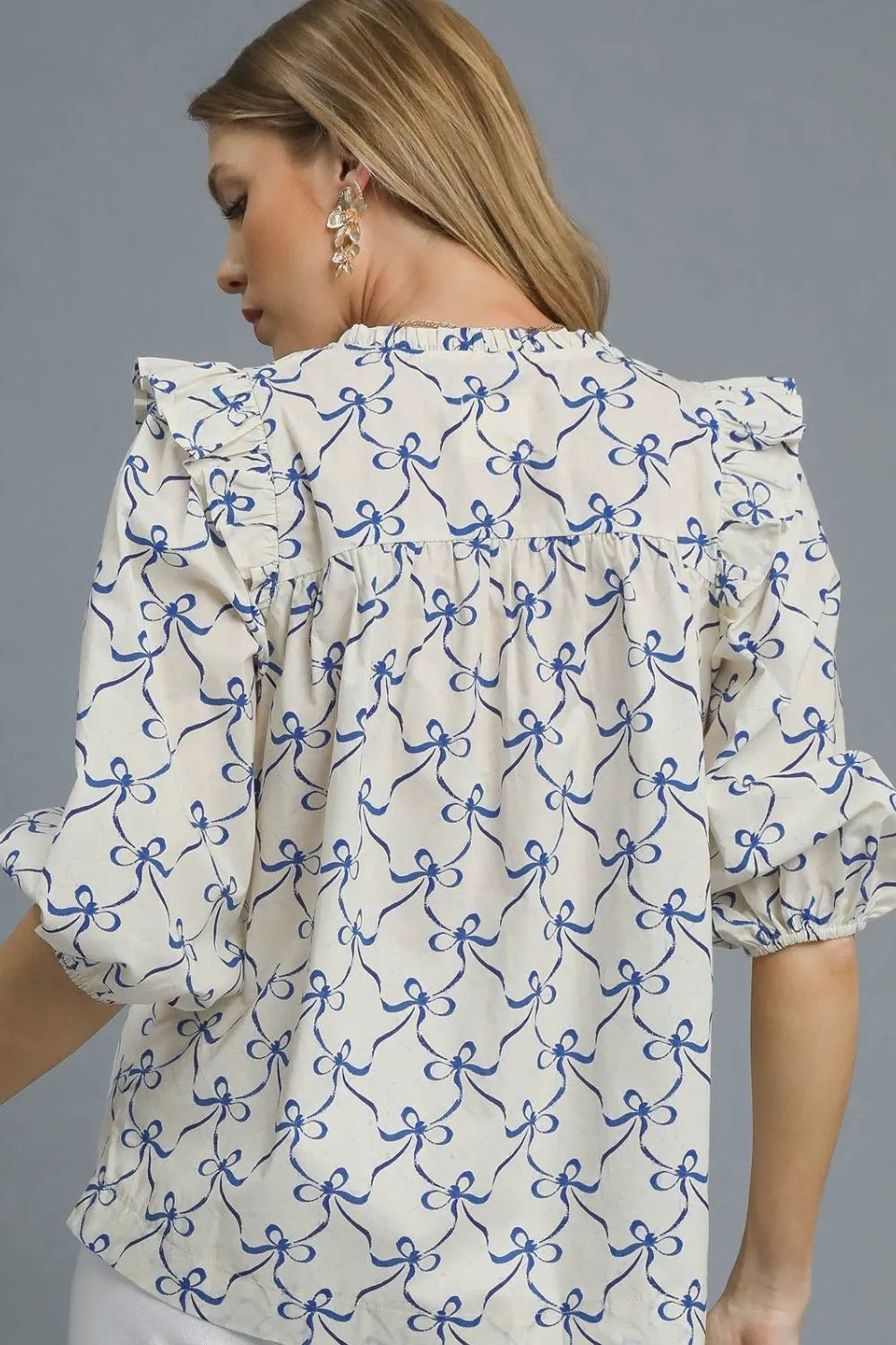 UMGEE Blue & Cream Quarter Sleeve Top