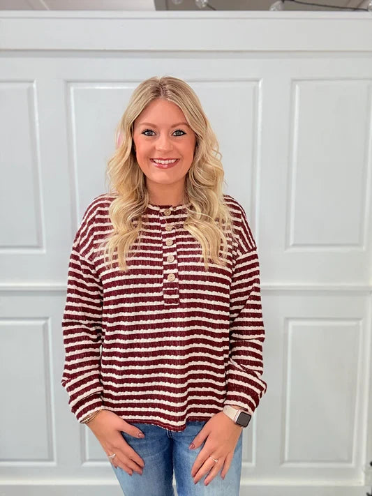Textured Stripe Henley Top Dark Red