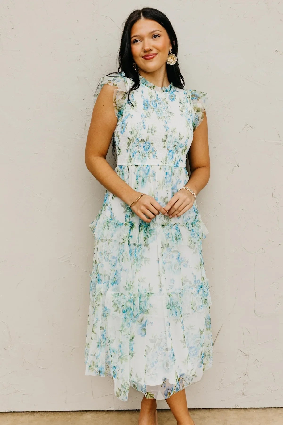 Blue Floral Ruffle Chiffon Dress