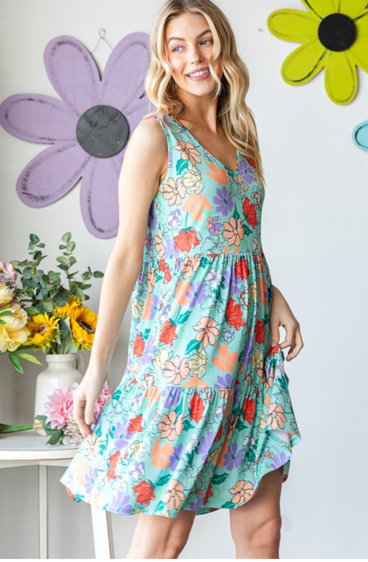 Mint Floral Tiered Ruffle Sun Dress