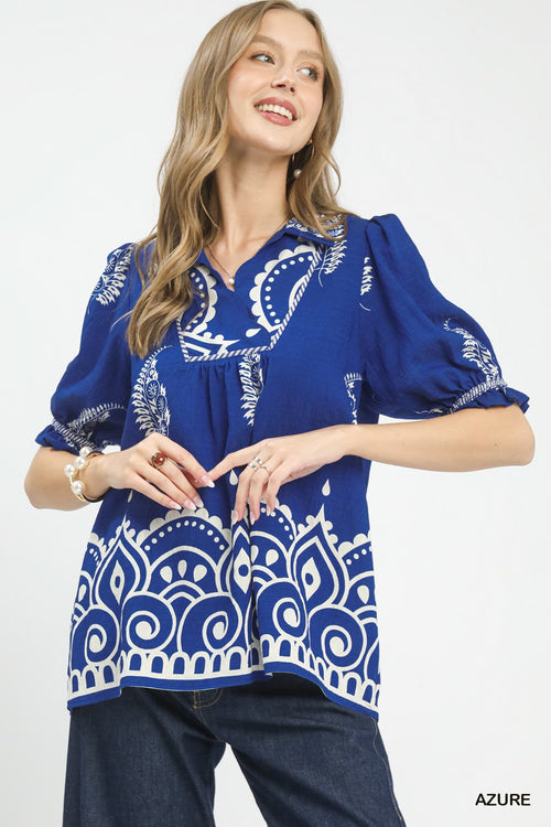 UMGEE Evie Printed Top Azure Blue