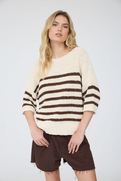 Stripe Knit Half Sleeve Sweater Chocolate