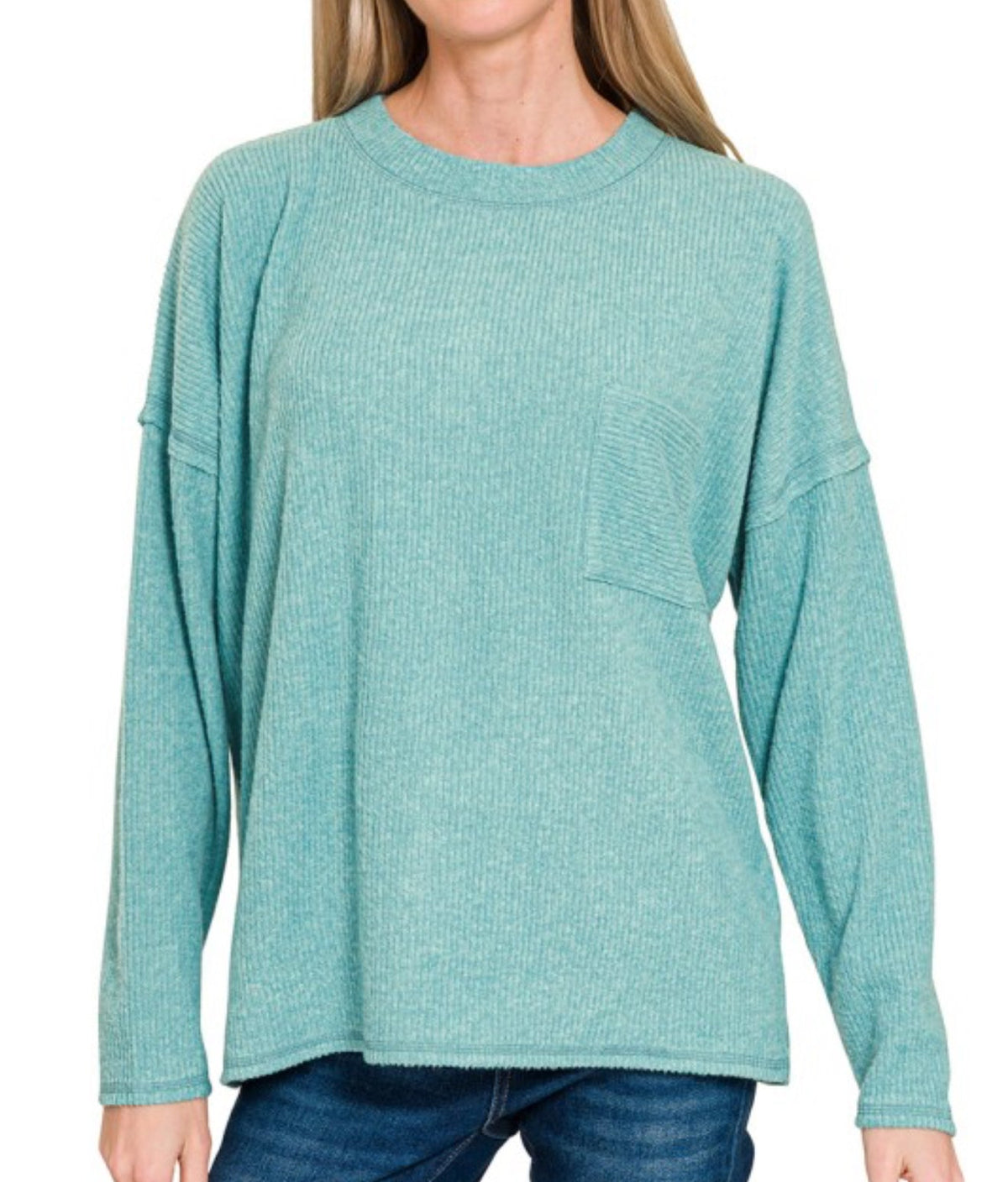 Ribbed Soft Pocket Sweater Dusty Teal