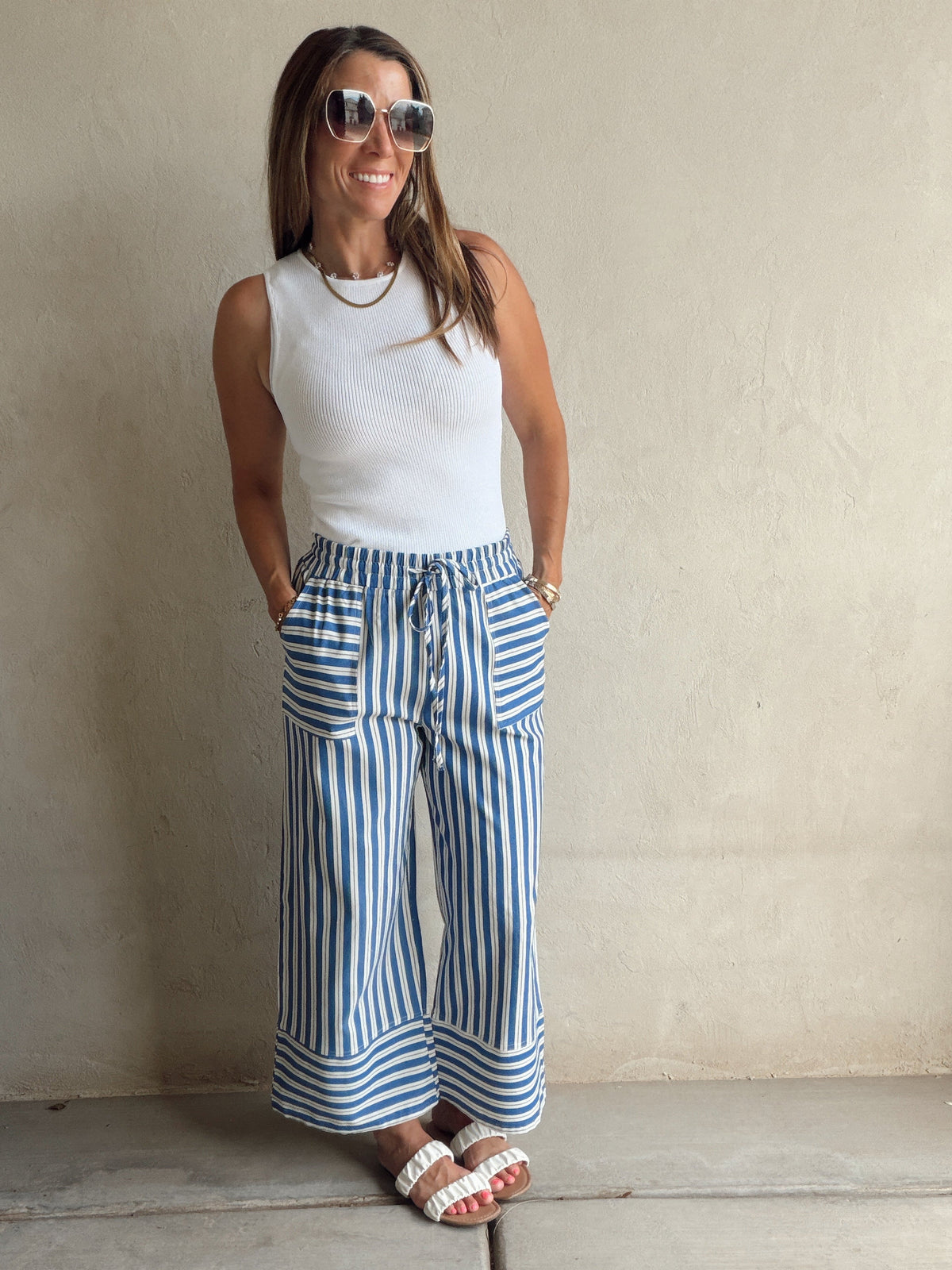 Woven Wide Leg Stripe Pant Blue