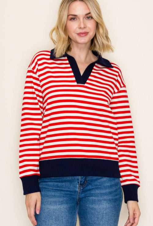 Stripe Contrast Collar Top Red Navy